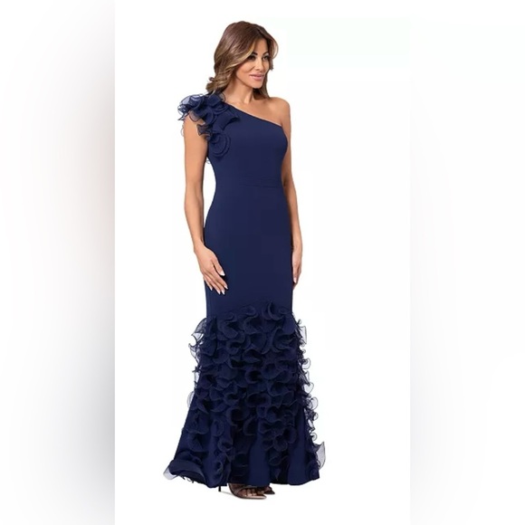XSCAPE Navy Blue Ruffled One-Shoulder Gown Maxi Dress - Picture 4 of 7